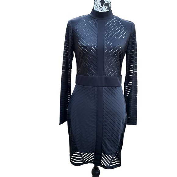iris Dresses & Skirts - Iris Black Bodycon Dress XL Sheer Stripe Long Sleeve High Neck Zip Back